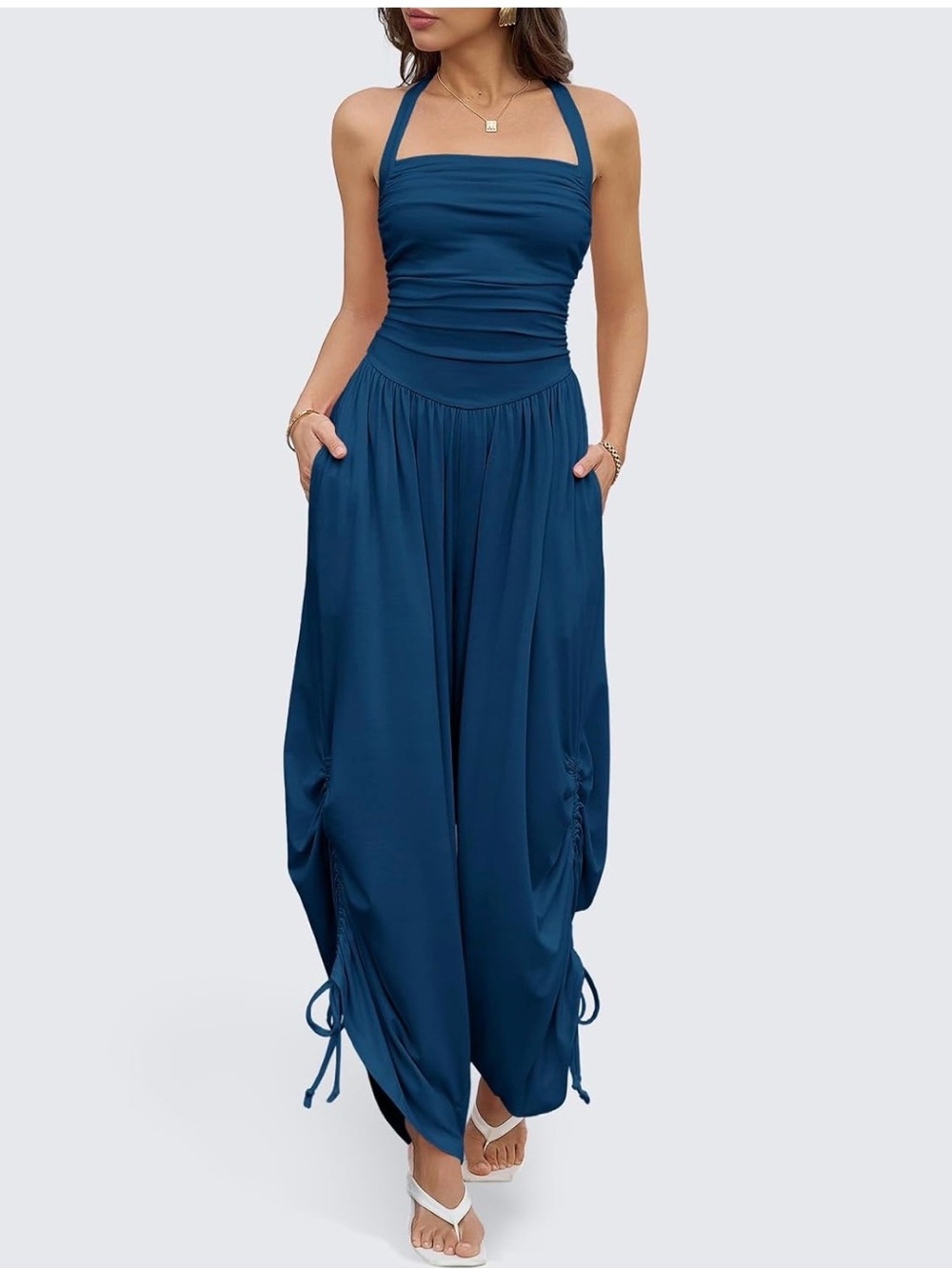 NWT Women's Navy Halter Jumpsuit with Drawstring Detail